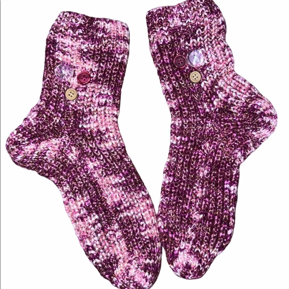 Adorable pink knit cozy thick socks; button detail